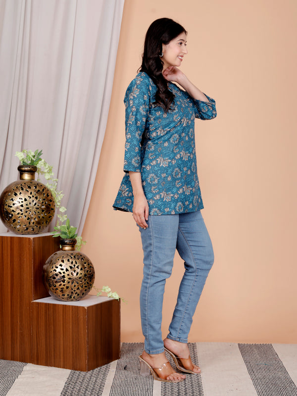 Blue Printed Short Kurti Cotton Blend