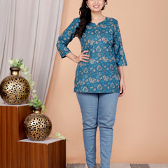 Blue Printed Short Kurti Cotton Blend