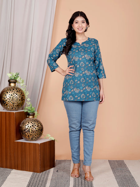 Women's Blue Floral Print Cotton Short Kurti
