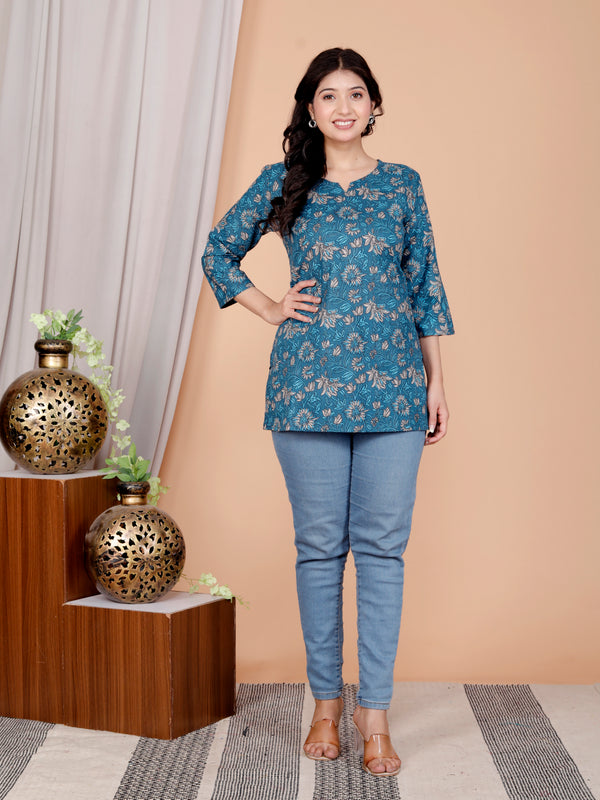 Blue Printed Short Kurti Cotton Blend