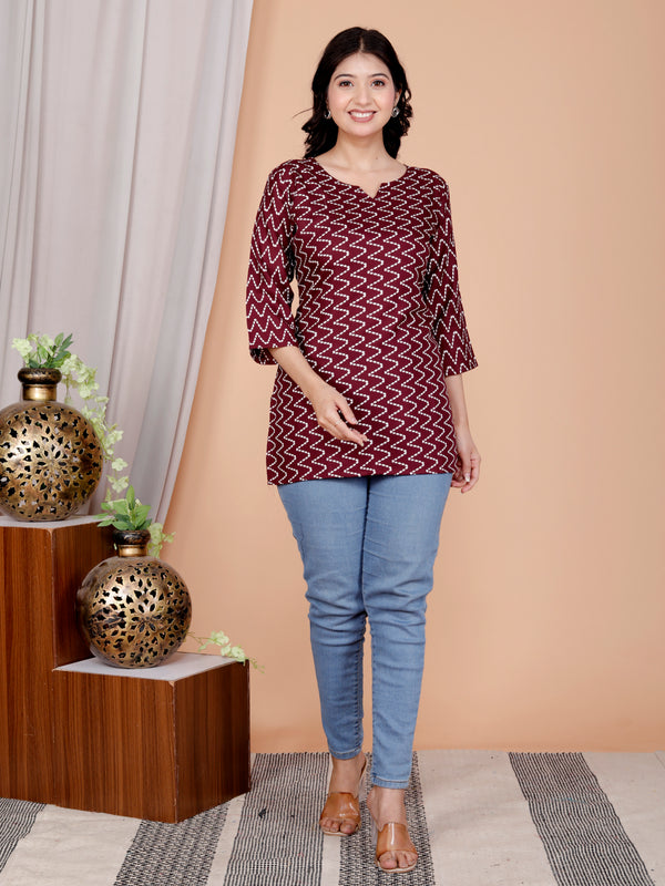 Black zigzag Printed Short Kurti Cotton Blend