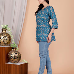Blue Printed Short Kurti Cotton Blend