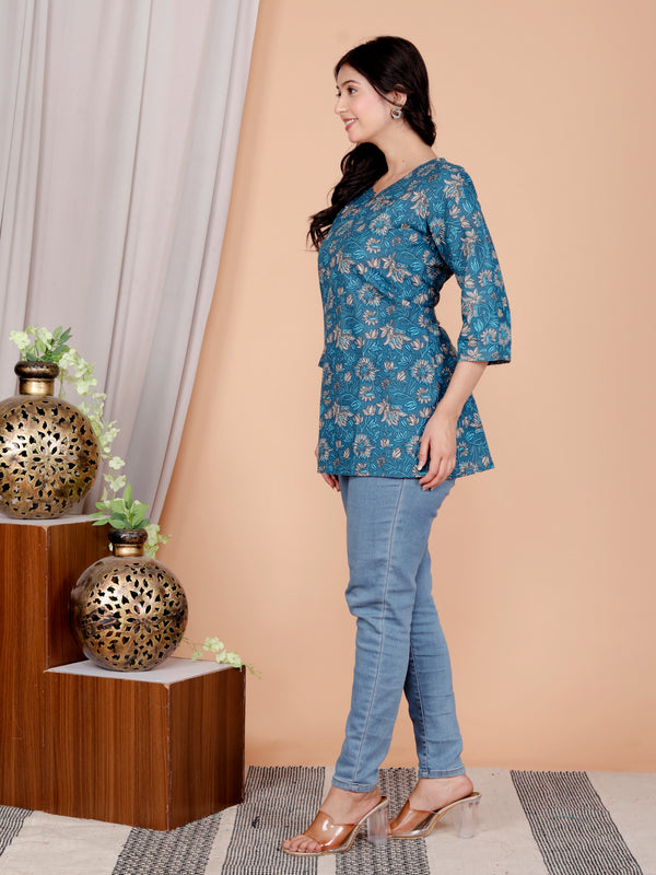 Blue Printed Short Kurti Cotton Blend