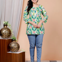 Green Printed Short Kurti Cotton Blend
