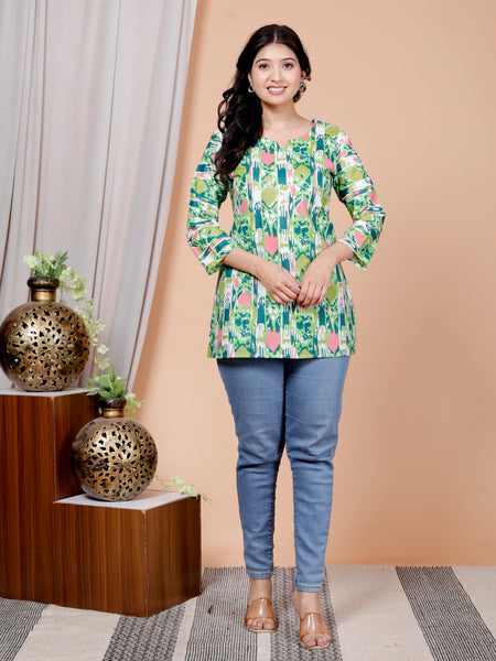 Green Printed Short Kurti Cotton Blend