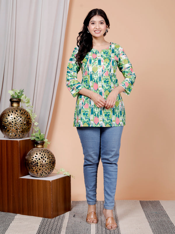 Green Printed Short Kurti Cotton Blend