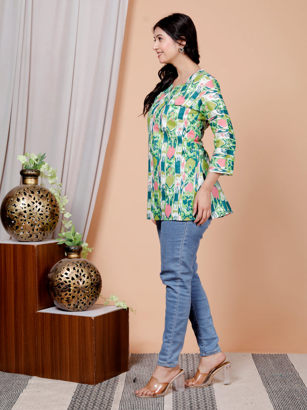 Green Printed Short Kurti Cotton Blend