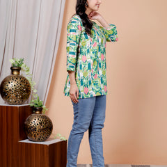 Green Printed Short Kurti Cotton Blend