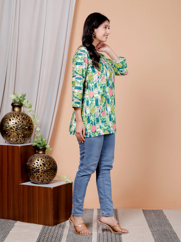 Green Printed Short Kurti Cotton Blend