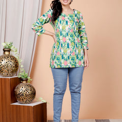 Green Printed Short Kurti Cotton Blend
