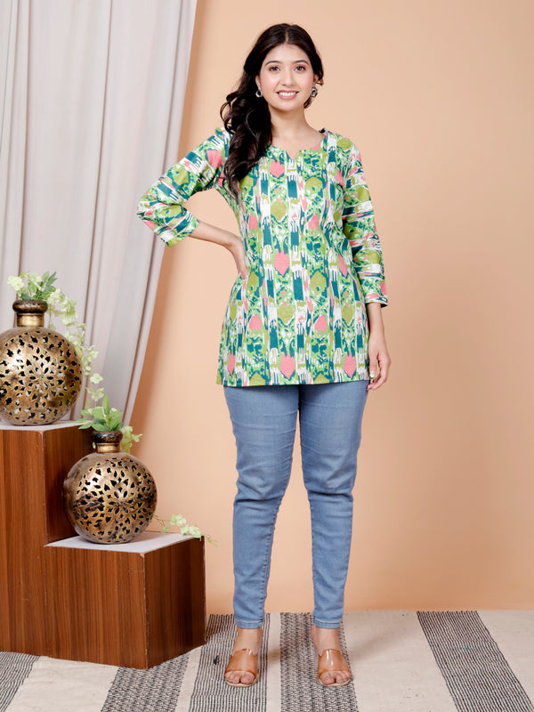 Green Printed Short Kurti Cotton Blend