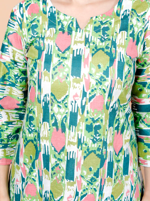 Green Printed Short Kurti Cotton Blend