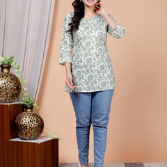 White Floral Printed Short Kurti Cotton Blend