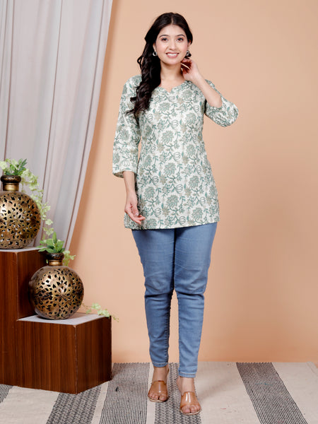 White Floral Printed Short Kurti Cotton Blend