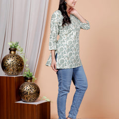 White Floral Printed Short Kurti Cotton Blend