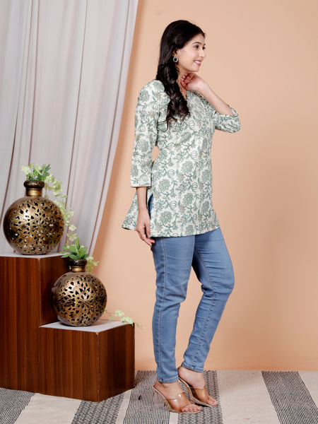 White Floral Printed Short Kurti Cotton Blend