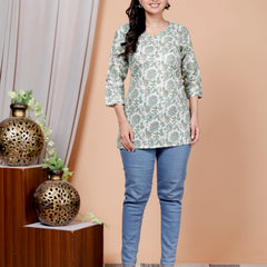 White Floral Printed Short Kurti Cotton Blend
