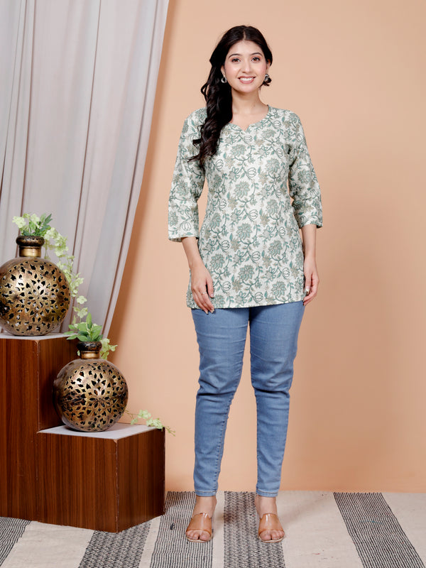 White Floral Printed Short Kurti Cotton Blend