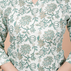 White Floral Printed Short Kurti Cotton Blend