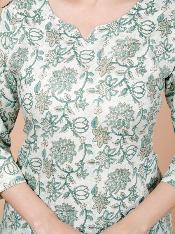 White Floral Printed Short Kurti Cotton Blend