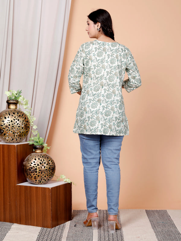 White Floral Printed Short Kurti Cotton Blend