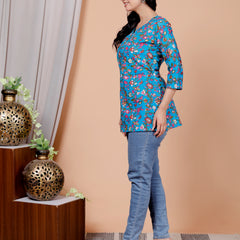 Sky Blue Printed Short Kurti Cotton Blend