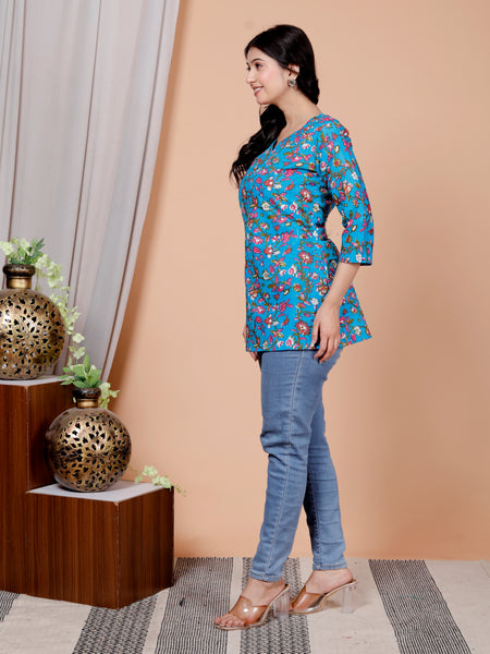Sky Blue Printed Short Kurti Cotton Blend