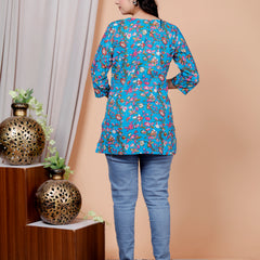 Sky Blue Printed Short Kurti Cotton Blend