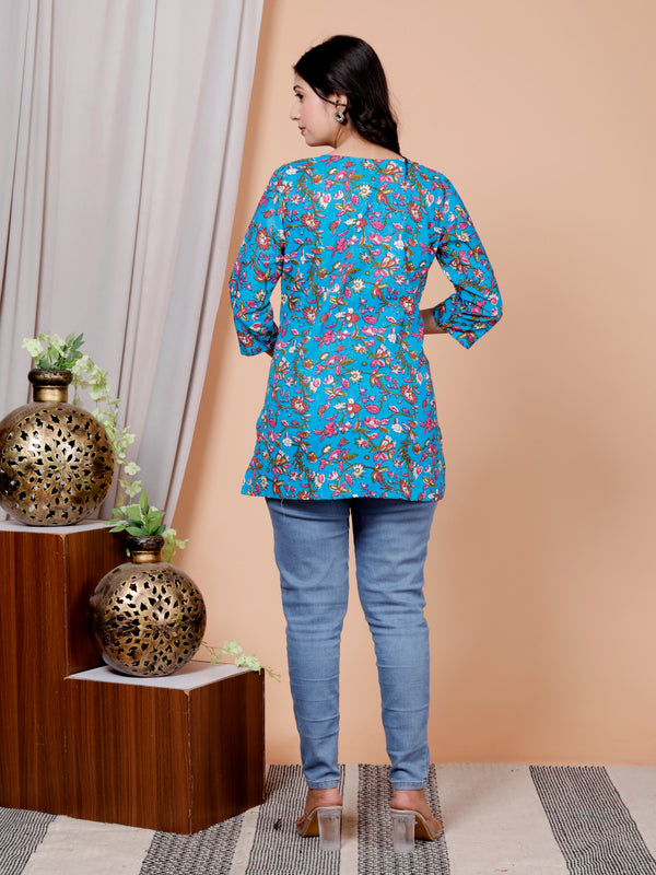 Sky Blue Printed Short Kurti Cotton Blend