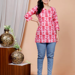 Old Pink Printed Short Kurti Cotton Blend