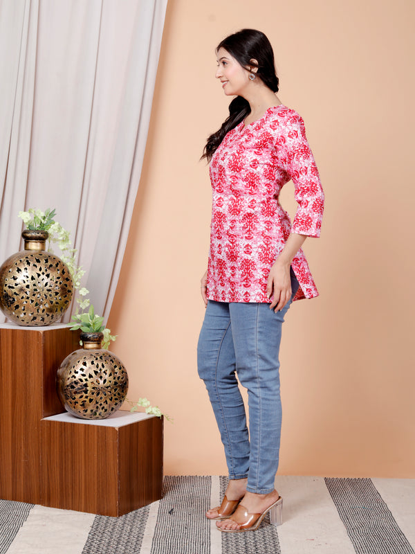 Old Pink Printed Short Kurti Cotton Blend