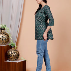 Dark Green Printed Short Kurti Cotton Blend