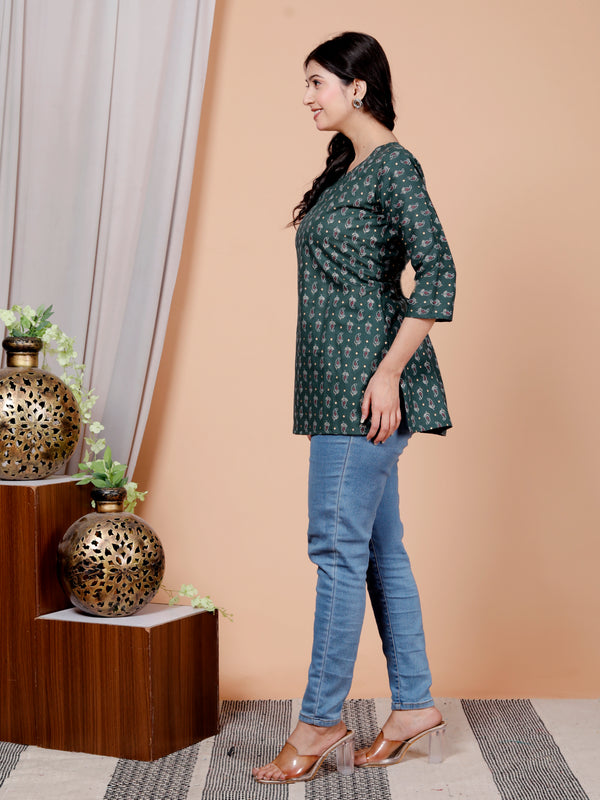 Dark Green Printed Short Kurti Cotton Blend