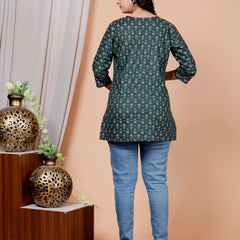 Dark Green Printed Short Kurti Cotton Blend