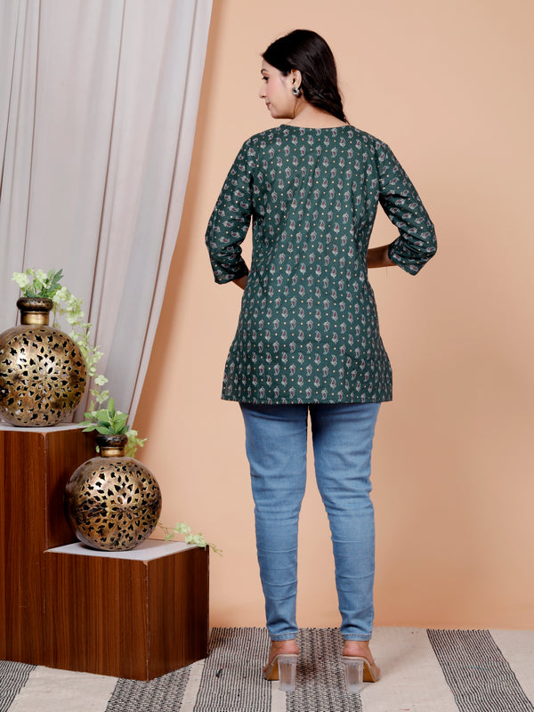 Dark Green Printed Short Kurti Cotton Blend