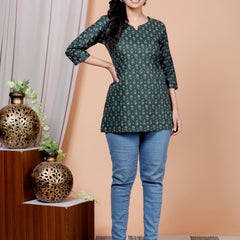 Dark Green Printed Short Kurti Cotton Blend