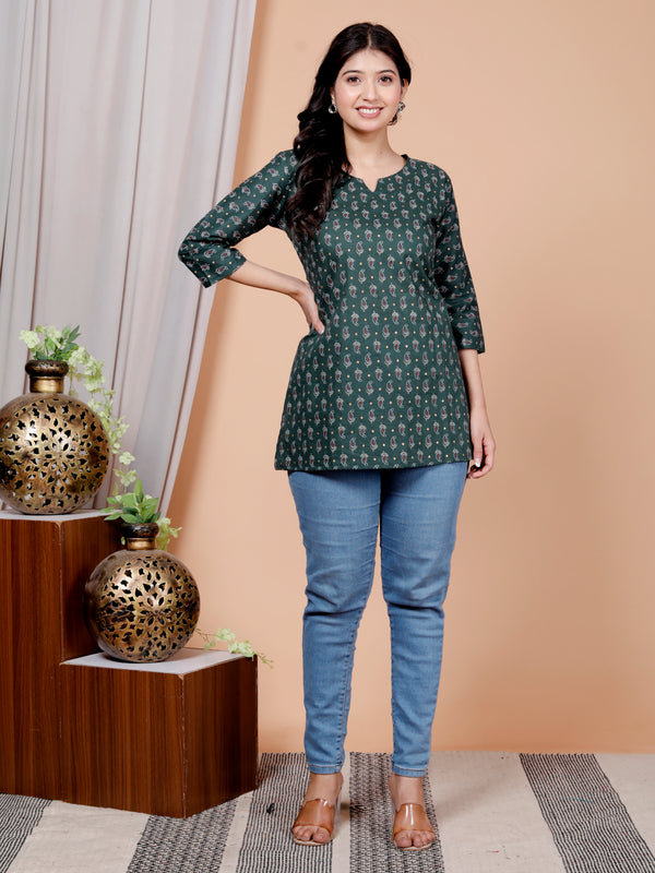 Dark Green Printed Short Kurti Cotton Blend