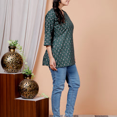 Dark Green Printed Short Kurti Cotton Blend