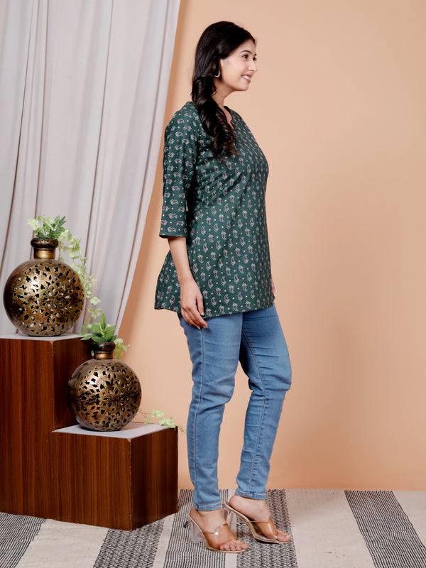 Dark Green Printed Short Kurti Cotton Blend