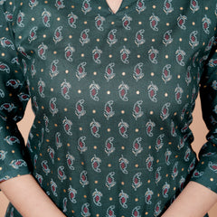 Dark Green Printed Short Kurti Cotton Blend