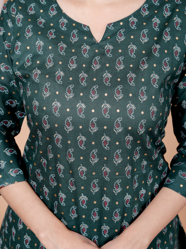 Dark Green Printed Short Kurti Cotton Blend
