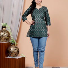 Dark Green Printed Short Kurti Cotton Blend