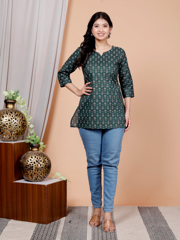 Dark Green Printed Short Kurti Cotton Blend