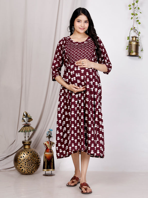 Women's Floral & Zigzag Anarkali Maternity Feeding Dress
