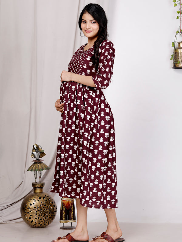 Women's Floral & Zigzag Anarkali Maternity Feeding Dress