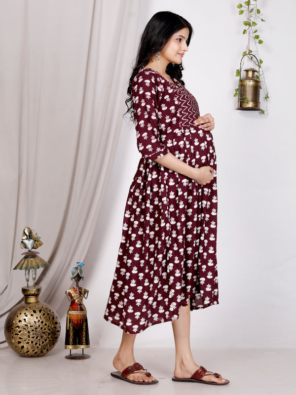 Women's Floral & Zigzag Anarkali Maternity Feeding Dress