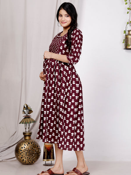 Women's Floral & Zigzag Anarkali Maternity Feeding Dress