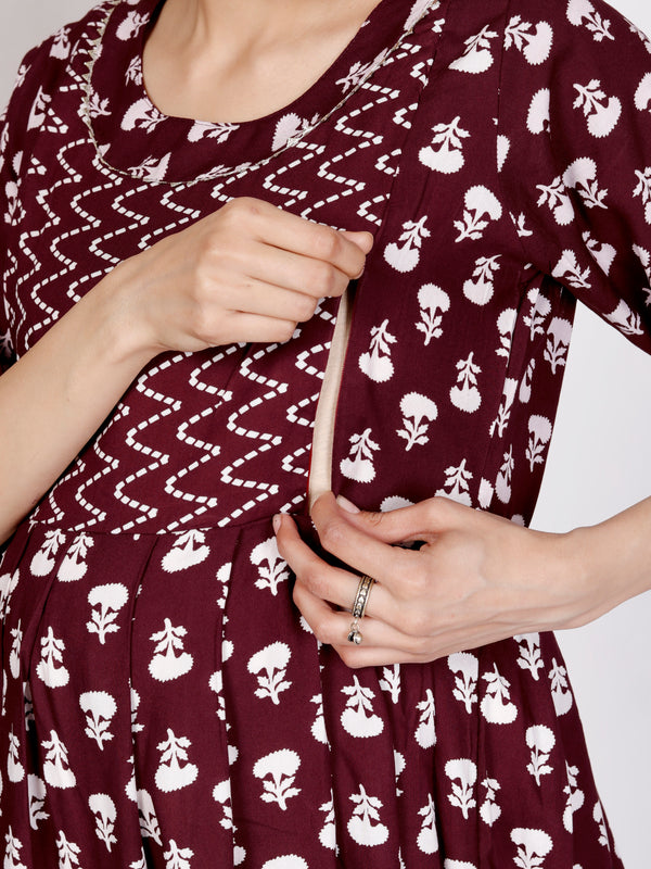 Women's Floral & Zigzag Anarkali Maternity Feeding Dress