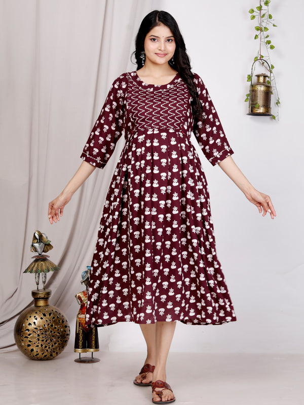 Women's Floral & Zigzag Anarkali Maternity Feeding Dress
