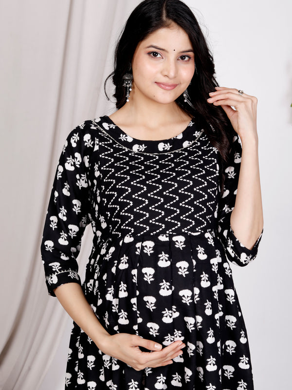 Women's Floral & Zigzag Anarkali Maternity Feeding Dress